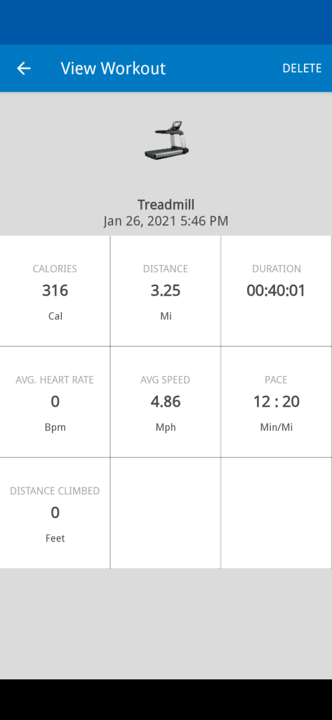 screenshot of treadmill workout